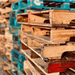 Close up of wooden pallets stacked.