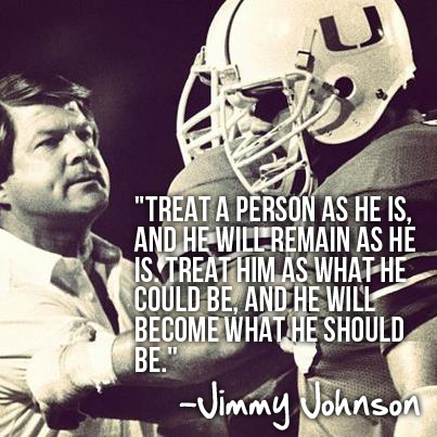 Jimmy Johnson quote with football players and coach in background