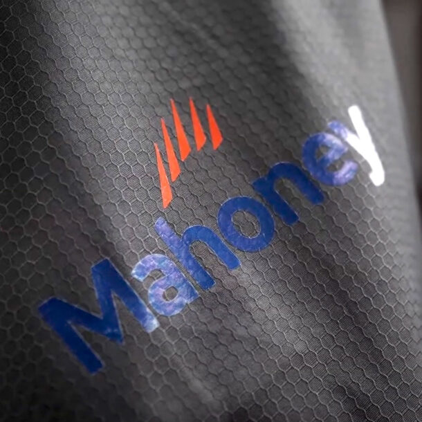 Close up of the Mahoney logo on a garment.