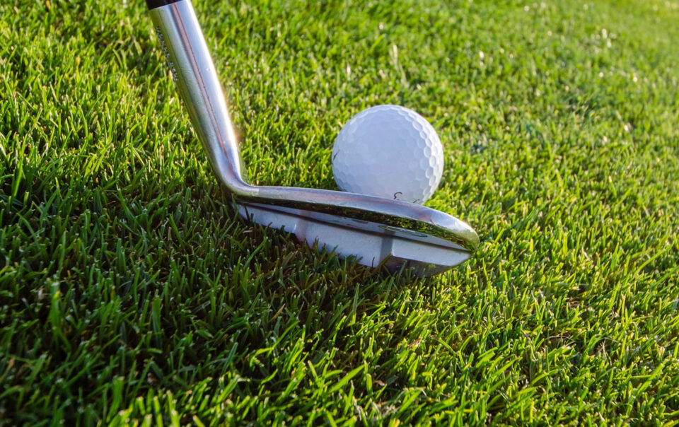 Close up of golf club teeing up ball on green.