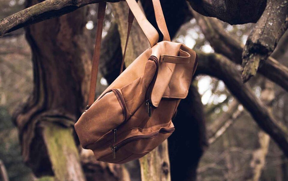 Backpack hanging from a tree