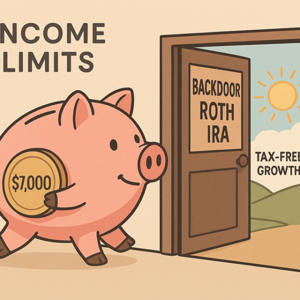 Graphic of a piggy bank walking through a door titled "Backdoor Roth IRA" into another room leading outside titled "Tax-free growth".