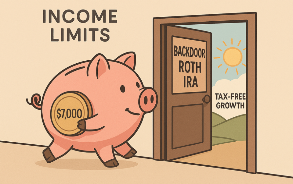 Graphic of a piggy bank walking through a door titled "Backdoor Roth IRA" into another room leading outside titled "Tax-free growth".