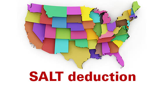 Image of a multicolored, outlined United States with "SALT deduction" in red font below the country.
